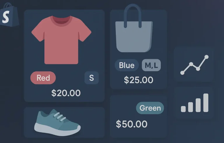Organized Shopify product cards with size, color, and sales insights visualized
