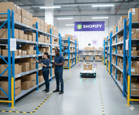 a robot in a shopify warehouse with a man and a woman