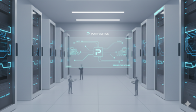 a scifi style data center for a shopify app called portfolytics